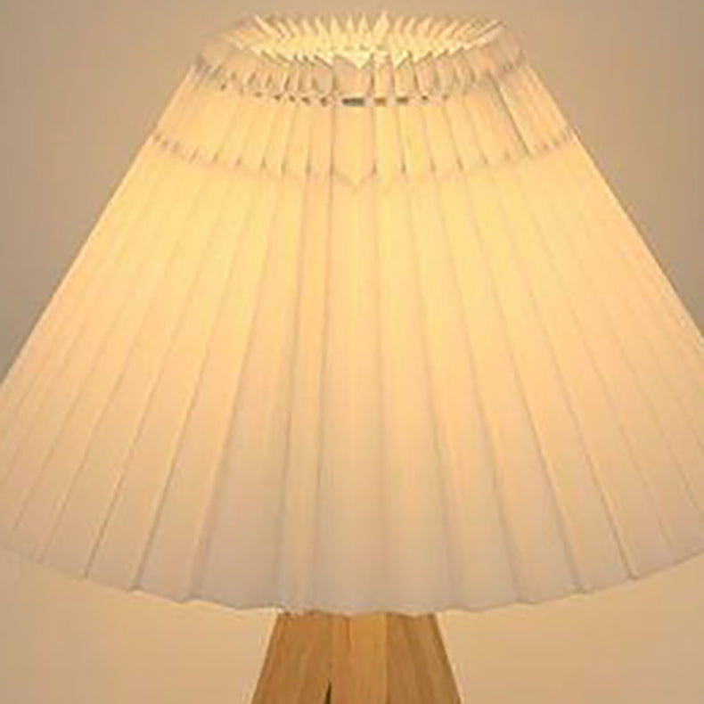 Modern Minimalist Trapezoid Tripod Pleated Fabric Shade Wood 1-Light Table Lamp For Bedroom