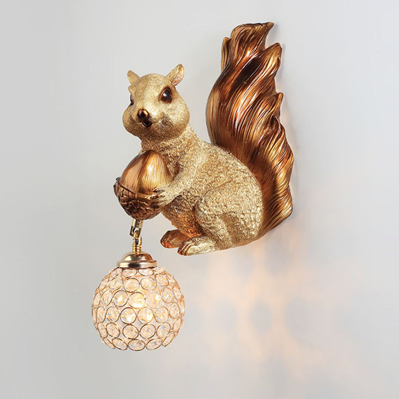 Traditional European Kids Squirrel Ball Crystal Resin 1-Light Wall Sconce Lamp For Bedside