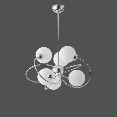 Modern Mid-Century Milk White Glass Ball Chrome Ring 6-Light Chandelier For Living Room