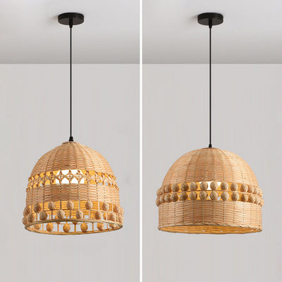 Traditional Chinese Round Dome Bamboo Weaving Hollow 1-Light Pendant Light For Living Room