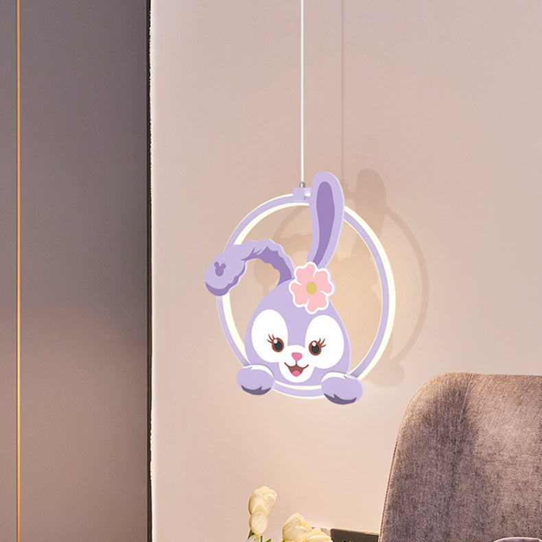 Contemporary Creative Kids Iron Aluminum Acrylic Circle StellaLou Rabbit LED Pendant Light For Bedroom