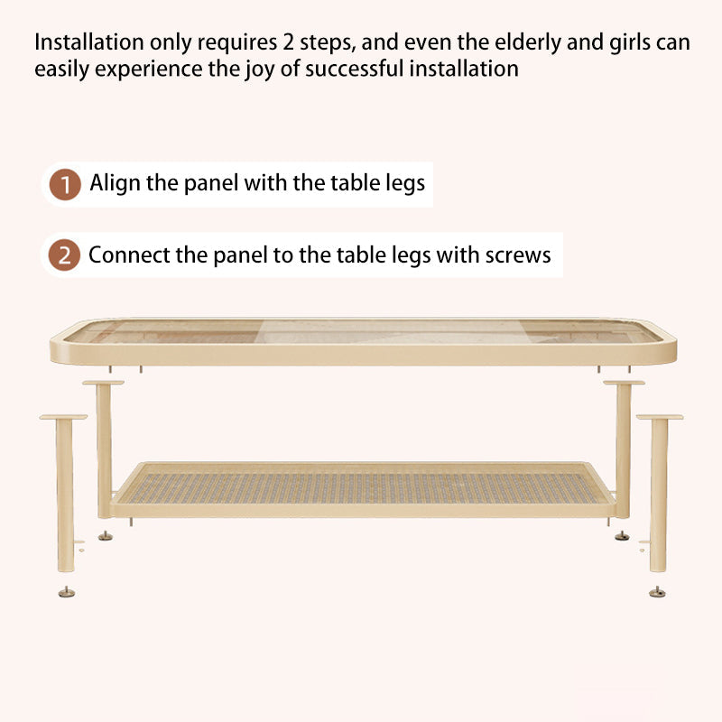 Modern Minimalist Rectangular Glass Carbon Steel Coffee Table 2-Tier For Living Room