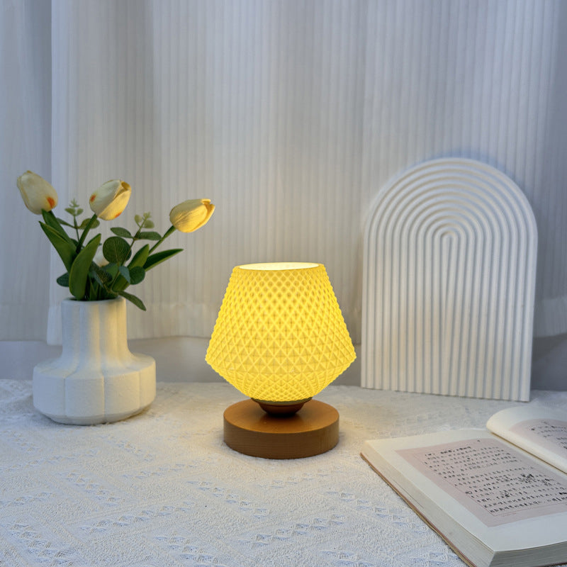 Contemporary Creative Wood Glass Tapered Ribbed Pattern 1-Light Table Lamp For Bedside