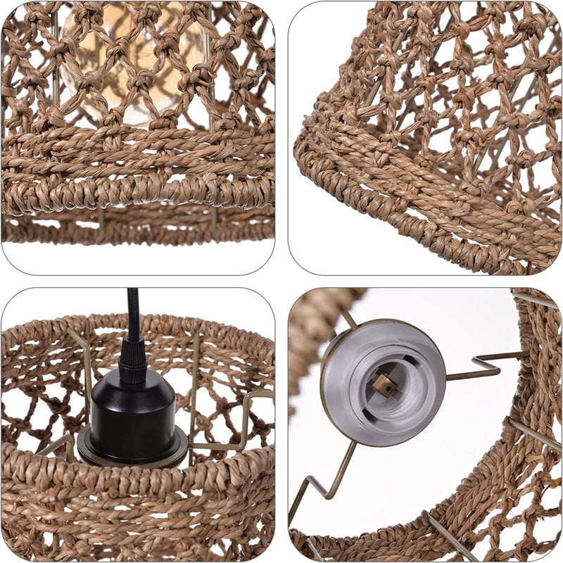 Traditional Rustic Rattan Weaving Openwork Cage 1-Light Pendant Light For Dining Room