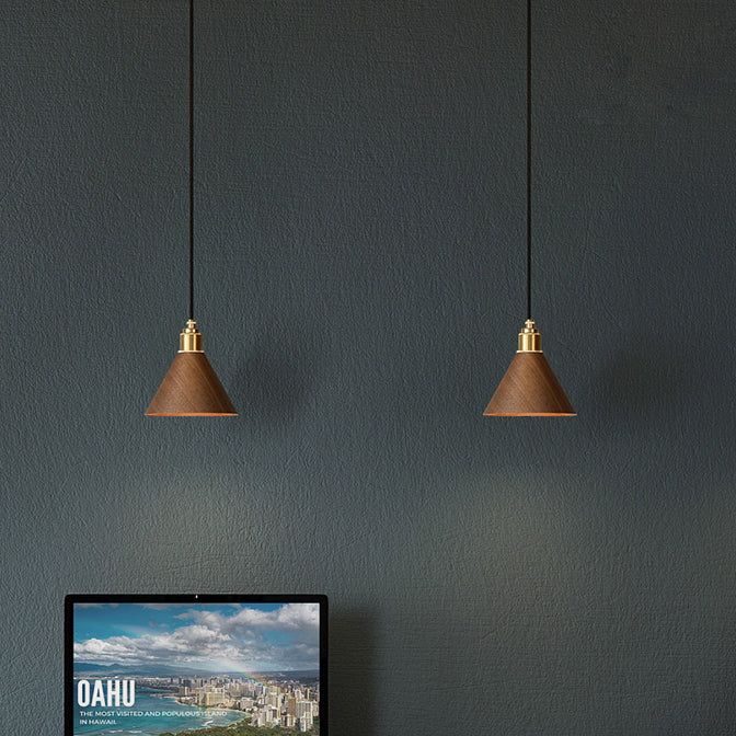 Nordic Minimalist Solid Wood Cone Copper 1-Light Pendant Light