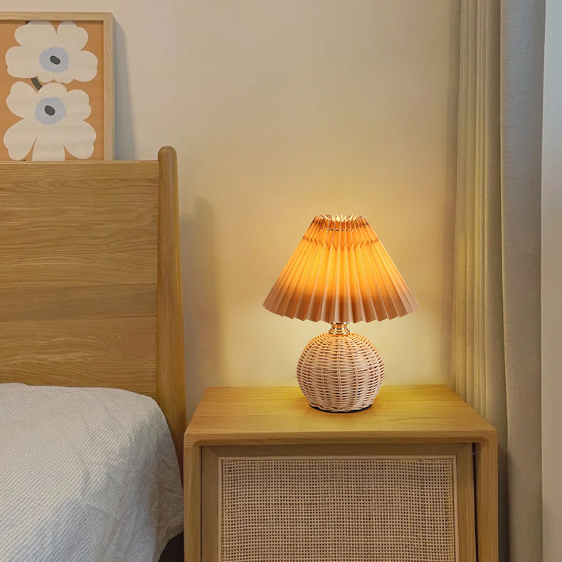 Contemporary Nordic Rattan Fabric Pleated Conic Ball LED Table Lamp For Bedroom