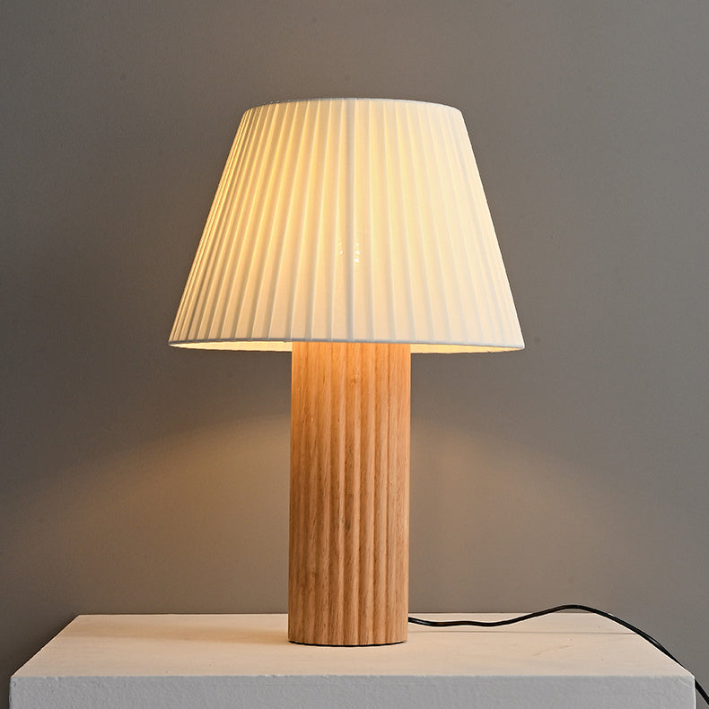 Contemporary Retro Cylinder Pleated Wood Fabric Brass 1-Light Table Lamp For Bedside