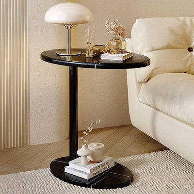 Modern Minimalist Elliptical Rectangular C-Shape MDF Steel Iron End Table 2-Tier For Living Room