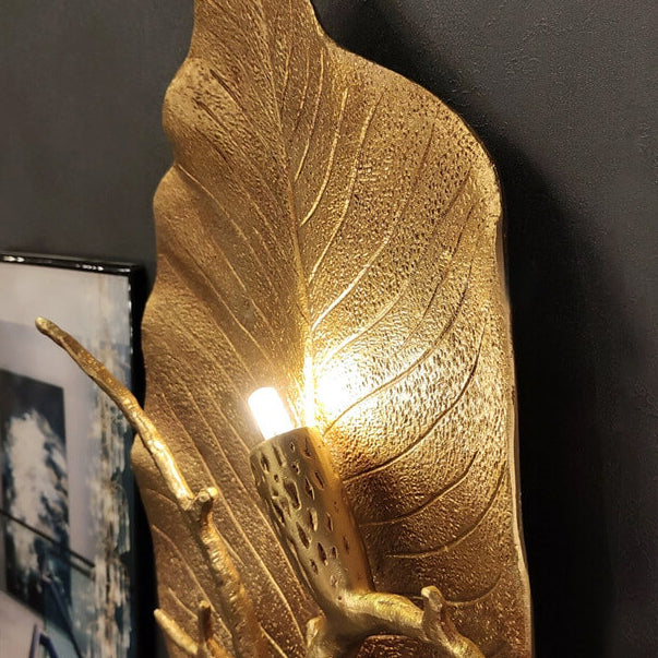 Contemporary Retro Leaf Full Copper 1-Light Wall Sconce Lamp For Living Room