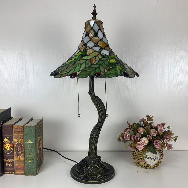 Traditional Tiffany Alloy Glass Horn Flower Leave 2-Light Table Lamp For Bedside