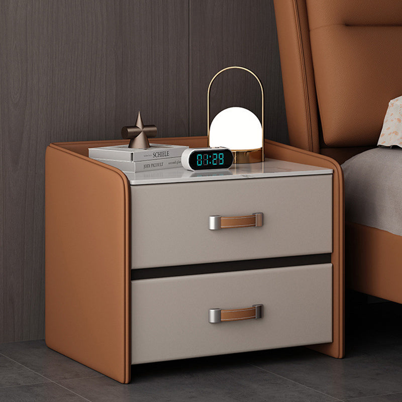 Modern Simplicity Rectangular Slab Saddle Leather Wood Nightstand 2-Drawer For Bedside