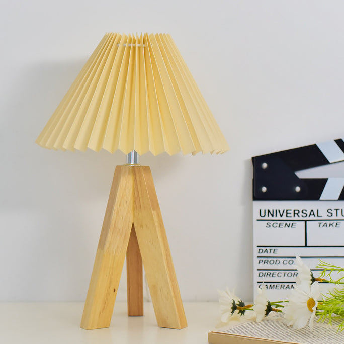 Contemporary Boho Round Cone Tripod Base Fabric Solid Wood LED Table Lamp for Bedroom