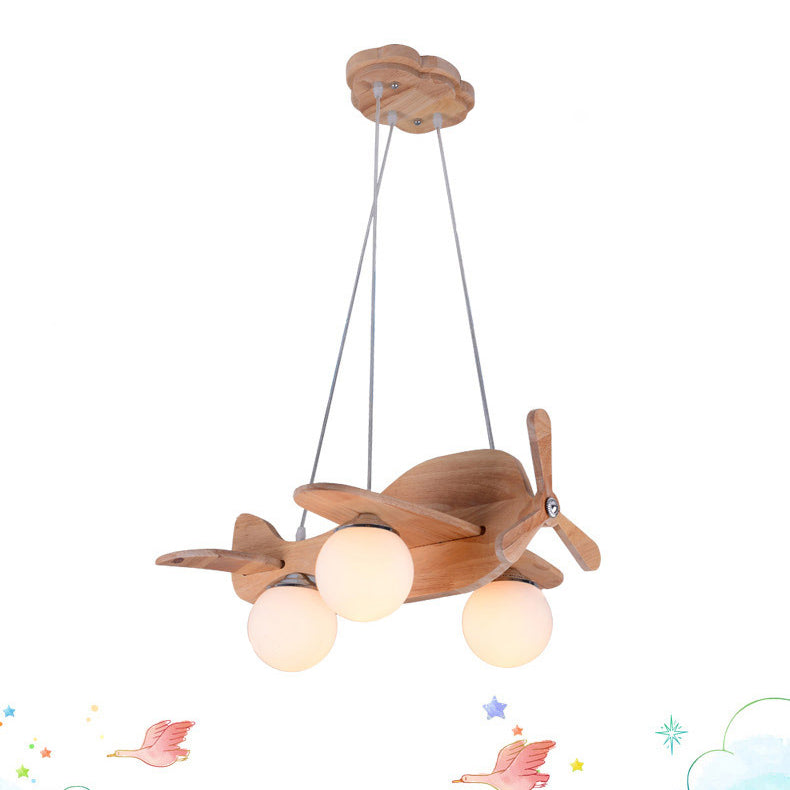 Contemporary Creative Wooden Propeller Plane 3-Light Kids Chandelier For Living Room