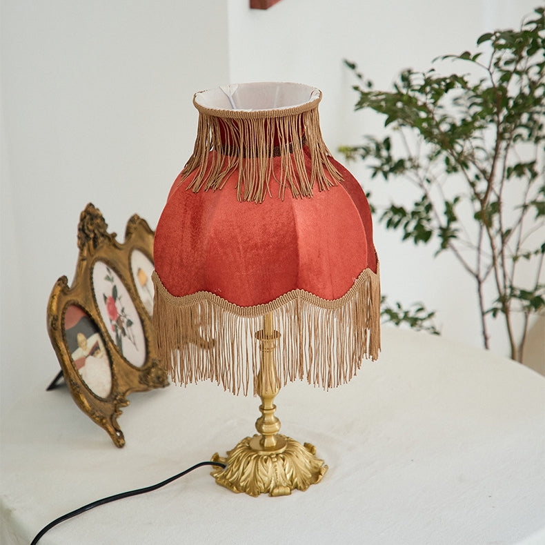 Traditional French Fabric Tassel Shade Full Copper Base 1-Light Table Lamp For Home Office