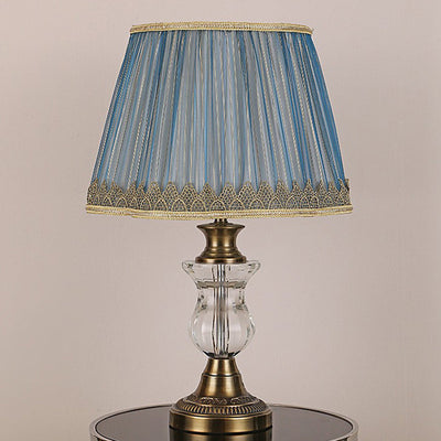 Traditional European Cylinder Hardware Crystal Fabric 1-Light Table Lamp For Bedroom