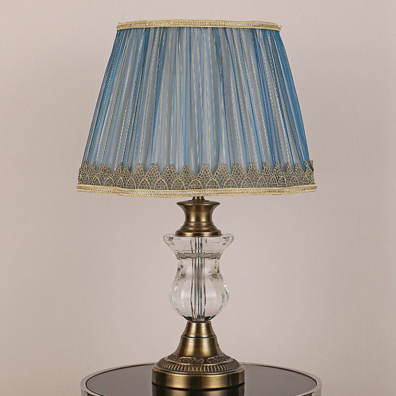 Traditional European Cylinder Hardware Crystal Fabric 1-Light Table Lamp For Bedroom