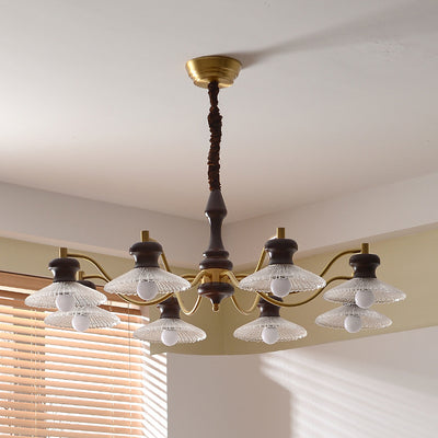 Traditional Vintage Brass Iron Ash Wood Glass Round Bowl 3/6/8 Light Chandeliers For Dining Room