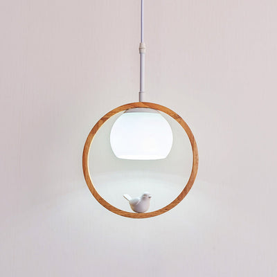 Contemporary Scandinavian Round Bird Wood Glass 1-Light Pendant Light For Living Room