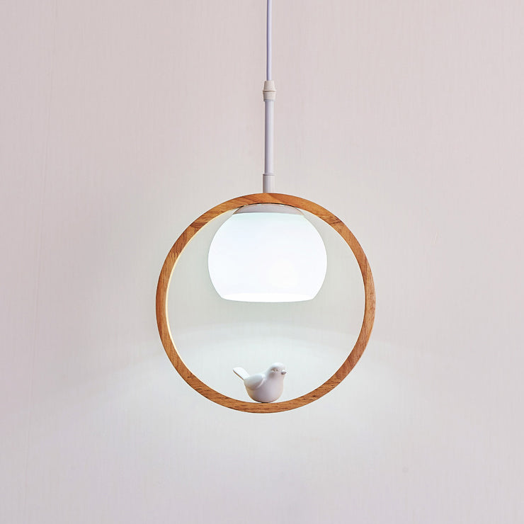 Contemporary Scandinavian Round Bird Wood Glass 1-Light Pendant Light For Living Room