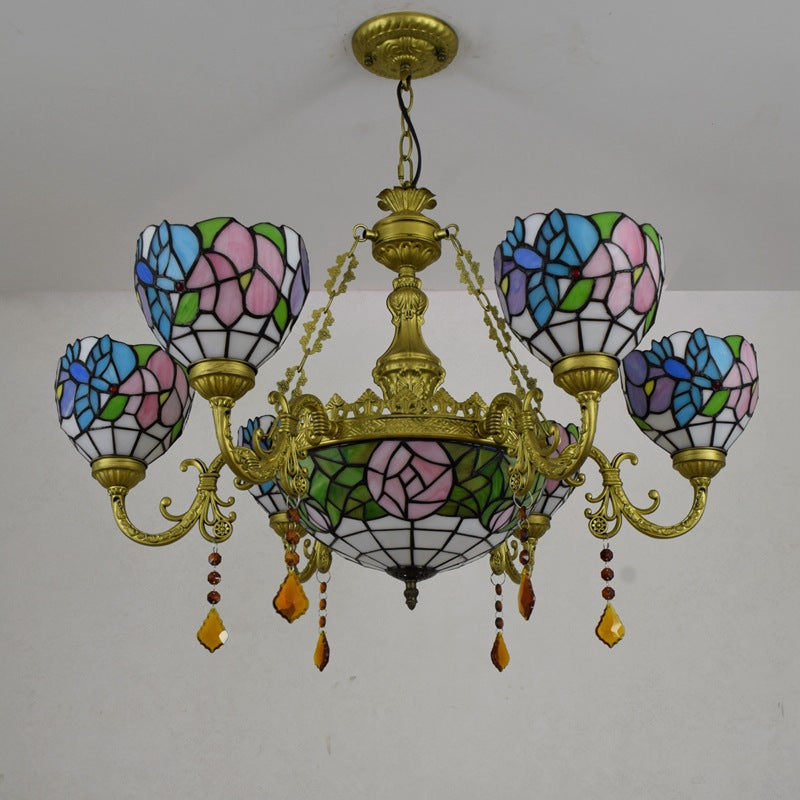 Traditional Tiffany Flower Dome Iron Glass Alloy 8/11 Light Chandeliers For Living Room