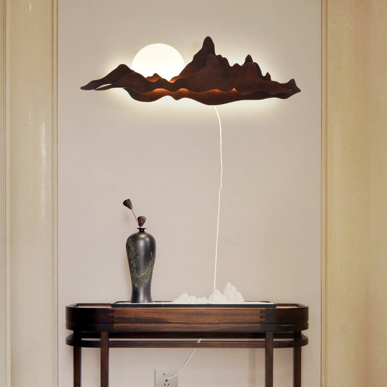 Modern Art Deco Round Mountain Shaped Wood Acrylic LED Wall Sconce Lamp For Living Room