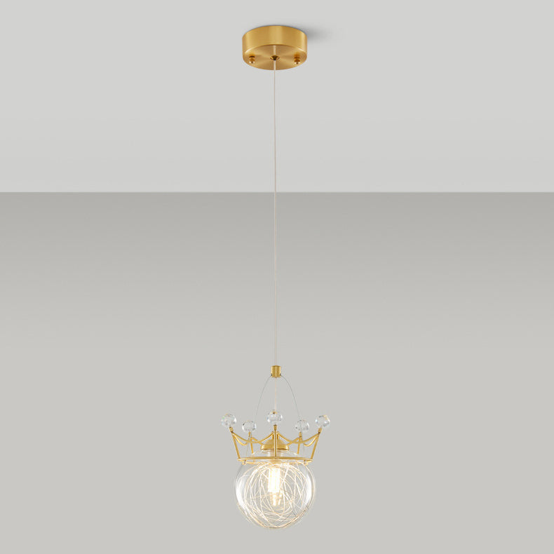 Modern Luxury Crown Orb All Brass Glass 1-Light Pendant Light For Bedroom