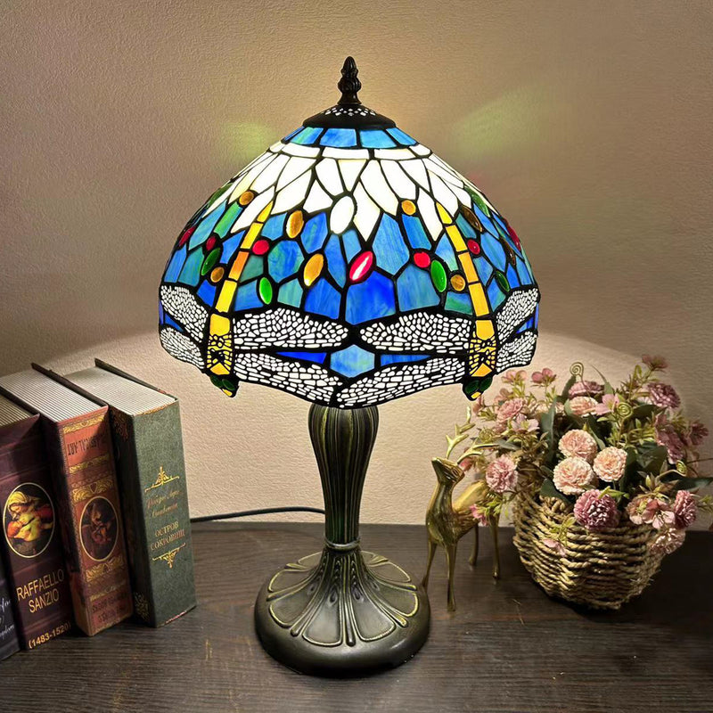 Traditional Tiffany Round Dome Flower Alloy Stained Glass 1-Light Table Lamp For Living Room