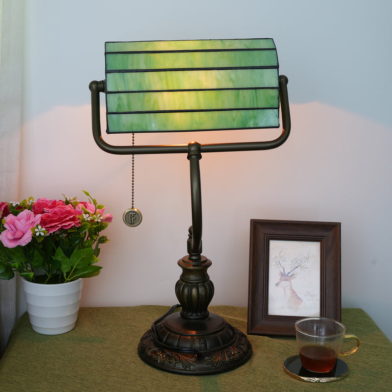 Traditional Tiffany Green Leaf Red Spot Trapezoidal Iron Resin Glass 1-Light Zipper Table Lamp For Bedside