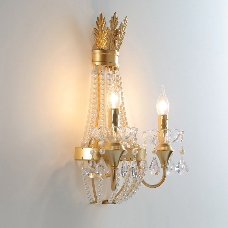 Modern Luxury Half Round Tassel Crystal Iron Pearl 2-Light Wall Sconce Lamp For Bedroom