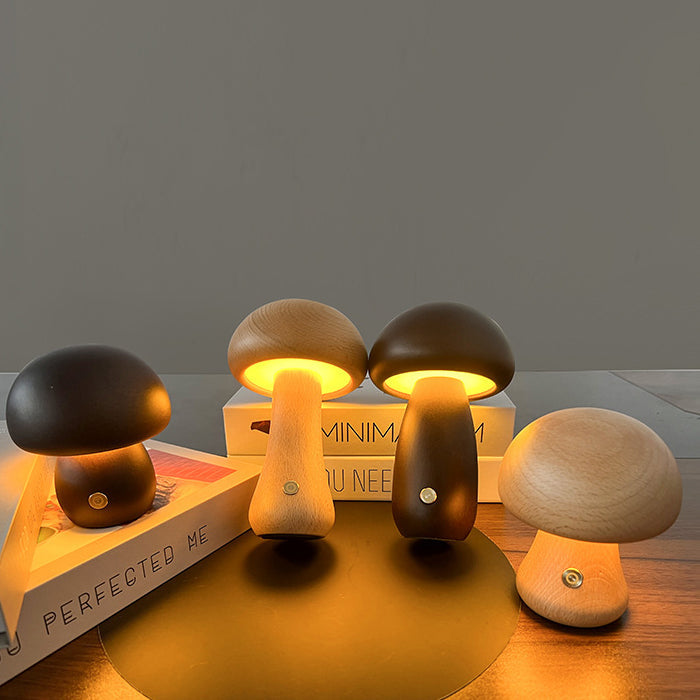 Contemporary Creative USB Mushroom Wood LED Table Lamp For Bedroom