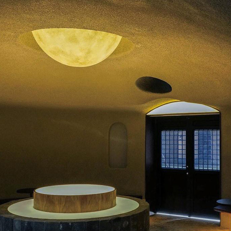 Contemporary Creative Resin Fiberglass Half-Circle Moon Convex Texture 1-Light Flush Mount Ceiling Light For Bedroom