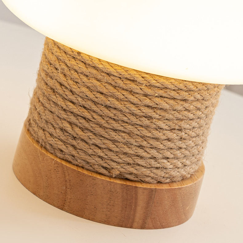 Modern Minimalist Cylinder Mushroom Shape Oak Twine Glass 1-Light Table Lamp For Bedroom