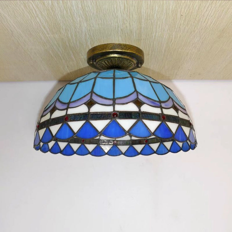 Traditional Tiffany Dome Iron Glass 1-Light Semi-Flush Mount Ceiling Light For Living Room