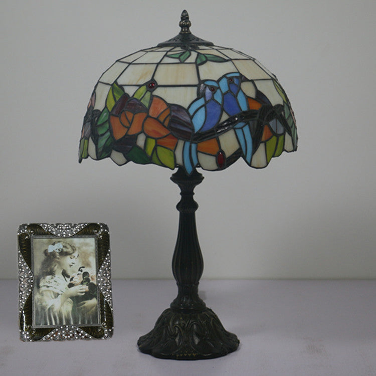 Traditional Tiffany Stained Glass Rose Flower Parrot Dome 1-Light Table Lamp For Bedroom