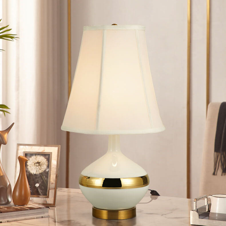 European Light Luxury Pleated Fabric Cone Ceramic Round Base 1-Light Table Lamp