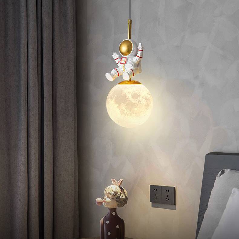 Contemporary Nordic Kids Orb Astronaut Iron Resin 1-Light Pendant Light For Bedroom