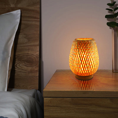 Traditional Chinese Bamboo Weaving Lantern 1-Light Table Lamp For Bedroom