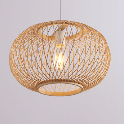 Traditional Japanese Weaving Bamboo Iron Ball Lantern 1-Light Pendant Light For Dining Room