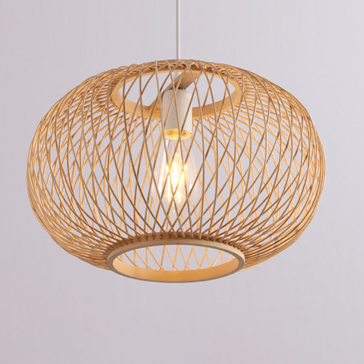 Traditional Japanese Weaving Bamboo Iron Ball Lantern 1-Light Pendant Light For Dining Room