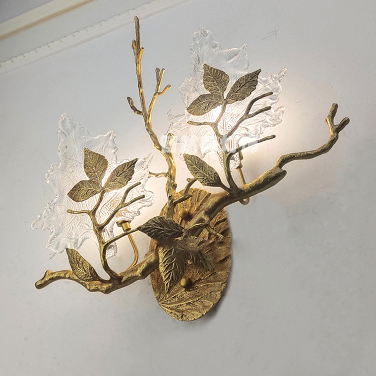 Modern Luxury Copper Colored Glass Maple Leaf Branch 2-Light Wall Sconce Lamp For Living Room