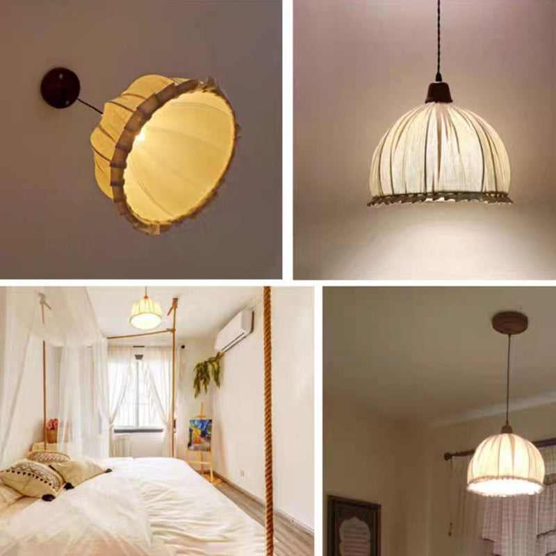 Contemporary Retro Hemispherical Lace Solid Wood Fabric 1-Light Pendant Light For Bedroom