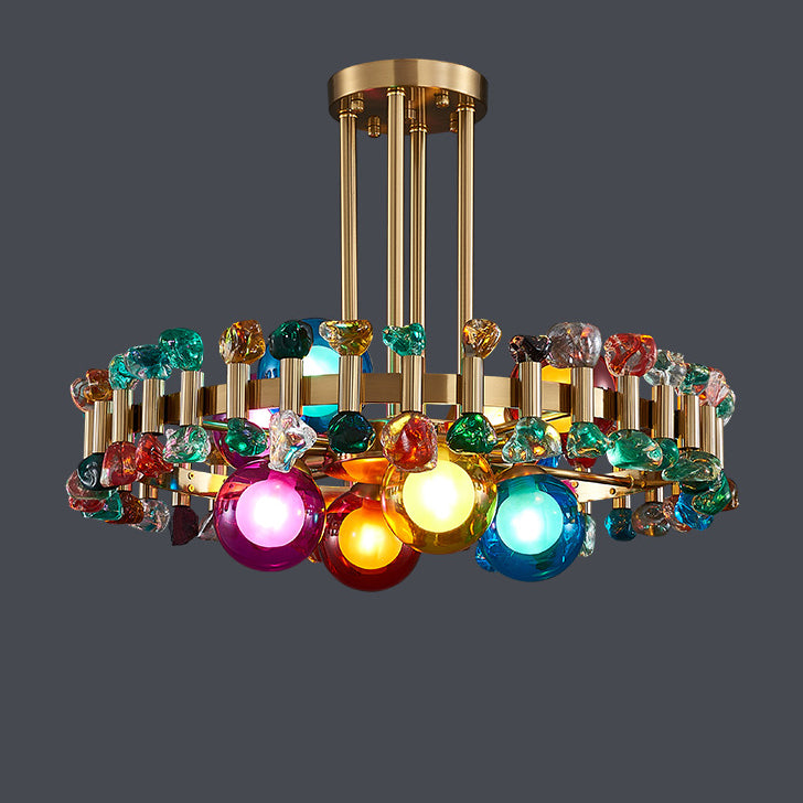 Modern Luxury Gold Finish Frame Colorful Glass Shade 6/8/10-Light Chandelier For Living Room