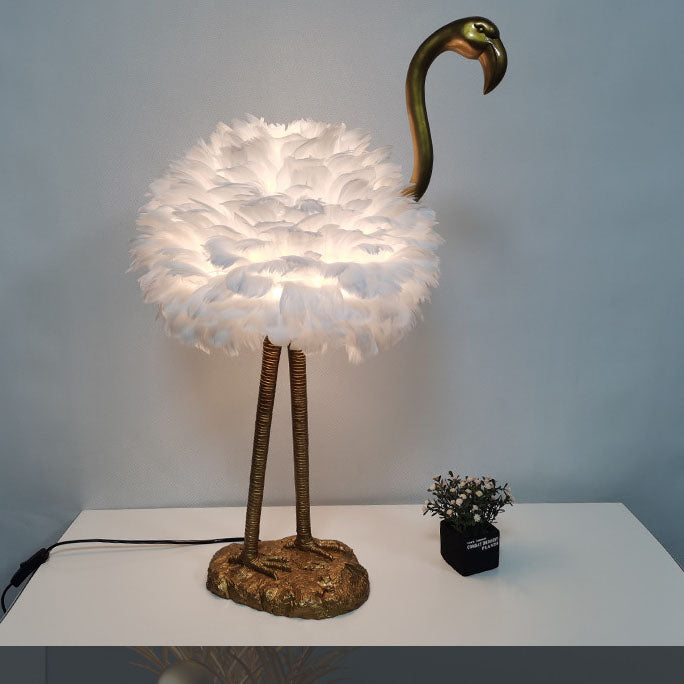 Contemporary Nordic Goose Feather Metal Flamingo Ball 1-Light Table Lamp For Bedside