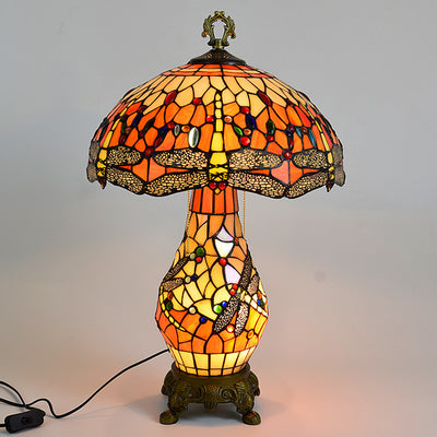 Traditional Tiffany Round Umbrella Shaped Aluminum Stained Glass 3-Light Table Lamp For Bedroom