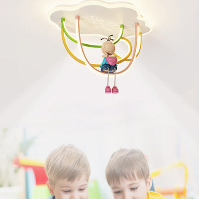 Contemporary Creative Cartoon Astronaut Cloud Iron Aluminum Rainbow Curve LED Kids Flush Mount Ceiling Light For Bedroom