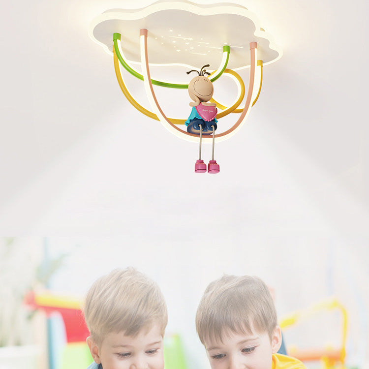 Contemporary Creative Cartoon Astronaut Cloud Iron Aluminum Rainbow Curve LED Kids Flush Mount Ceiling Light For Bedroom