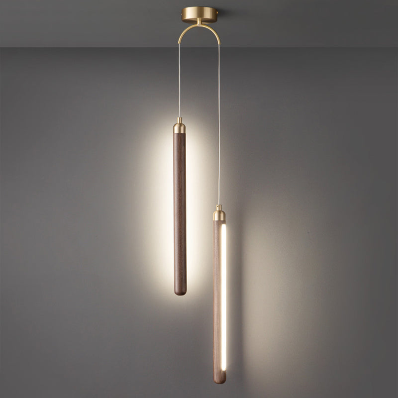 Modern Minimalist Linear Wood Copper Acrylic LED Pendant Light For Bedroom