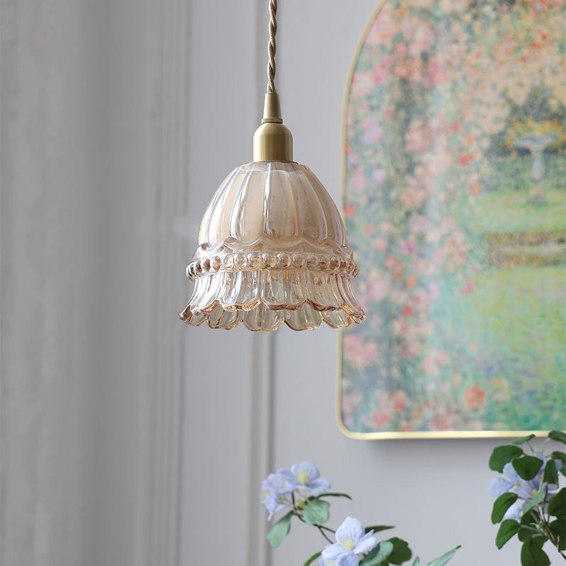 Traditional French Pastoral Walnut Jellyfish Glass Shade 1-Light Pendant Light For Living Room