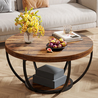 Modern Luxury Round Top Density Board Steel Coffee Table 1-Shelf For Living Room