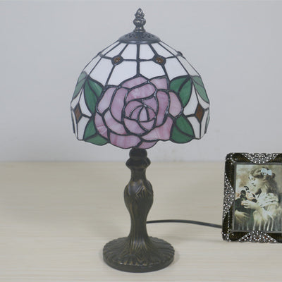 Traditional Tiffany Dome Rose Zinc Alloy Stained Glass 1-Light Table Lamp For Bedroom